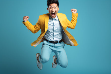 Young asian man jumping with joy on a blue background, celebrating success with a big, happy smile.の素材
