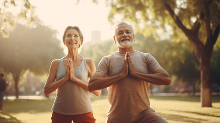 Outdoor yoga in the park with a senior family couple showcases the importance of a healthy way of life.の素材