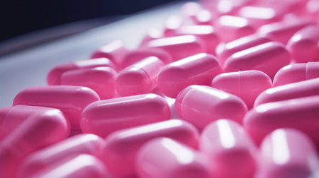 Intricate Macro View of Pink Pills in the Making and Packaging Stages at a Cutting-Edge Pharmaceutical Plant. Crafting Medicinal Remedies.の素材