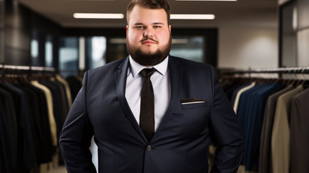 A manager of larger size, exuding confidence while looking at the camera.の素材