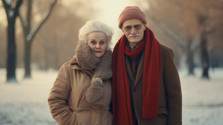 Winter Love: A retired senior couple, wrapped in sweaters and scarves, sharing a warm moment in the cold, celebrating their enduring love.の素材