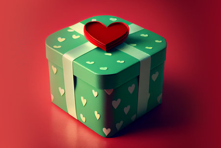 Valentine's day design. Realistic green gifts box with Love Hearts Around. Gift box full of decorative heart festive object. Red Background. Generating Ai. Romantic backgroundの素材