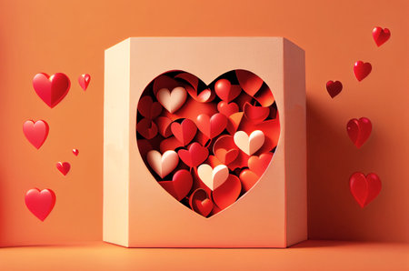 Valentine's day design. Realistic red gifts box with Love Hearts Around. Gift box full of decorative heart festive object. Orange Background. Generating Ai. Romantic backgroundの素材
