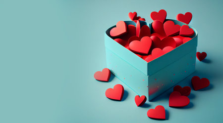 Valentine's day design. Realistic blue gift box with Love Hearts Around. Gift box full of decorative heart festive object. Blue Background. Generating Ai. Romantic backgroundの素材
