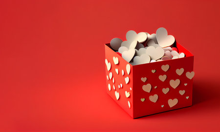 Valentine's day design. Realistic red gifts box with Love Hearts Around. Gift box full of decorative heart festive object. Red Background. Generating Ai. Romantic backgroundの素材