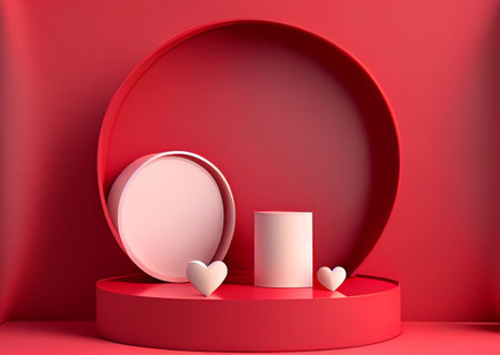 Abstract 3D red room with white cylinder pedestal or stand podium with hearth. Valentine day minimal scene for product display presentation. Geometric rendering platform design. Generating Ai.の素材