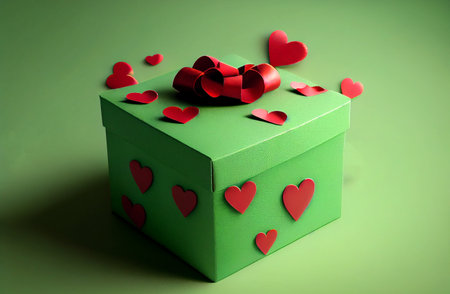 Valentine's day design. Realistic green gifts box with Love Hearts Around. Gift box full of decorative heart festive object. Green Background. Generating Ai. Romantic backgroundの素材