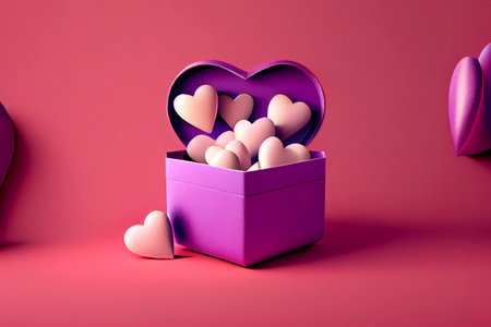Valentine's day design. Realistic violet gift box with Love Hearts Around. Gift box full of decorative heart festive object. Red Background. Generating Ai. Romantic backgroundの素材