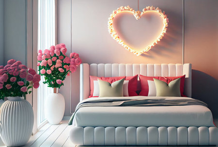 Interior of beautiful bedroom with roses, heart shaped pillows and decor for Valentine's Day. Generative ai.の素材