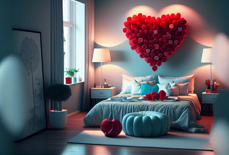 Interior of beautiful bedroom with roses, heart shaped pillows and decor for Valentine's Day. Generative ai.の素材
