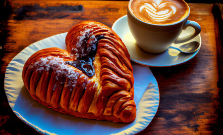 Heart shaped bun or croissant with sugar and coffee cup behind. Valentines Day. Cafe scene. Generative Ai.の素材