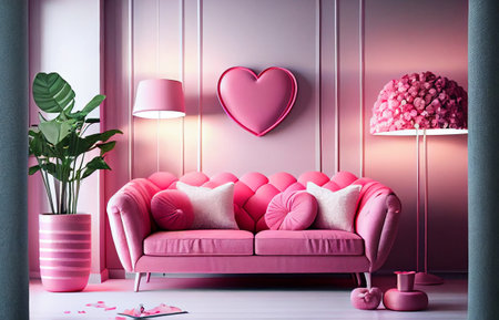 Interior of living room with sofa, pillows and heart shaped decor for Valentine's Day. Generative ai.の素材