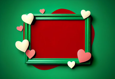 Valentines day or Mothers Day sign banner frame with empty space and festive decoration red background. Sale background, Green discount poster with hearts ornament. February 14. Generative Ai.の素材