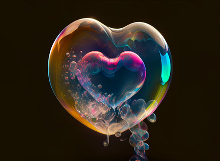 Soap Bubble Heart Concept. 3D Scene. Valentines Day. Generative Ai.の素材