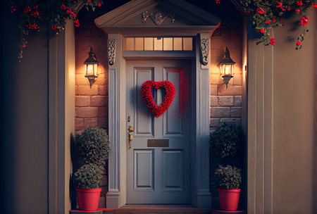 House front door with decorative Valentines Day elements. Heart shaped wreath. Heart on door. Generative Ai.の素材