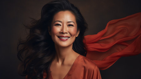 In a studio environment, a mature and lovely Asian lady's cheerful smile takes center stage.の素材
