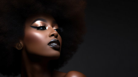 A striking portrait of an African American woman with an afro and glamorous makeup.の素材