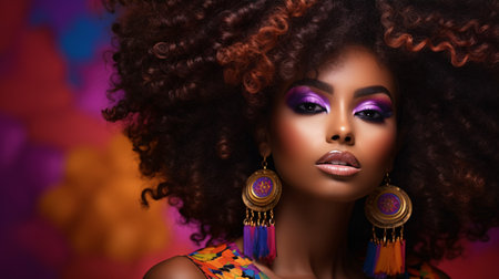 An enchanting beauty portrait featuring an African American woman, her afro hairstyle, and glamorous makeup.の素材
