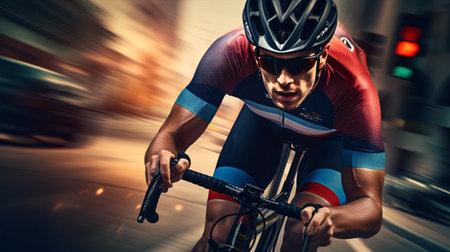 The fierce determination of a pro road cyclist in motion. Advertising banner.の素材