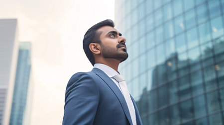 Amidst urban grandeur, an affluent Eastern Indian businessman dreams of business triumphs and fresh goals, symbolizing visionary leadership.の素材