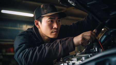An Asian car mechanic diligently examining a vehicle's safety features.の素材