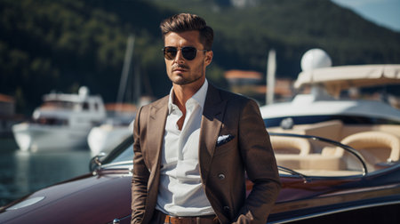 At a picturesque lake, a young man in a classic suit adjusts his jacket buttons, with a high-end yacht visible in the backdrop.の素材