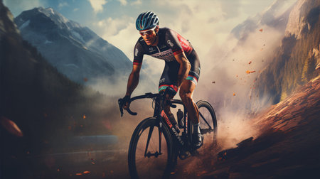 Witness a seasoned road cyclist in full throttle. Promotional banner.の素材