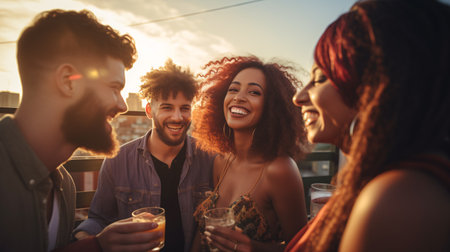 A diverse group of friends enjoys a fantastic summer evening on the rooftop, embracing the essence of clubbing, fun, and summer parties.の素材