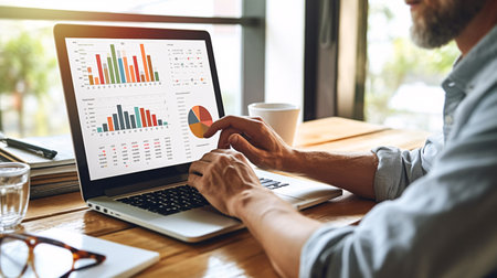 Leveraging data analysis to boost sales and revenue, a person sits with a laptop, engrossed in a graph showing growth.の素材