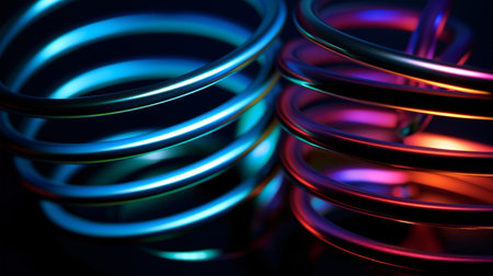 Under neon lighting against a dark canvas, we scrutinize a metal spring's tightly wound coils, known for their robust strength and elasticity.の素材