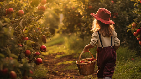 Outdoor delight as kids engage in apple-picking adventures.の素材