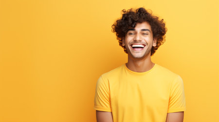 This stylish millennial exudes confidence with his yellow fashion choices, standing against a yellow backdrop.の素材