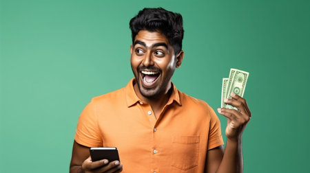 A happy young Indian man celebrates winning a lottery game on his smartphone, receiving cashbackの素材