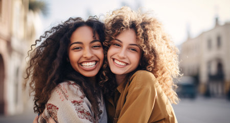 Mixed-race female friends savor a holiday outing, radiating happiness and youthful energy on the urban streets.の素材