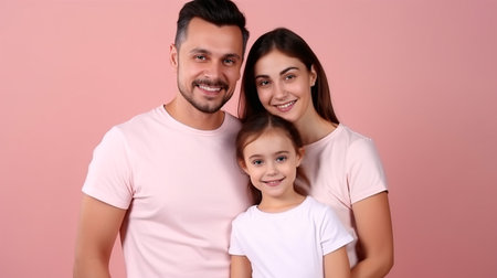 A joyful young couple, parents, and their child, a teenage daughter, all donning simple t-shirtsの素材