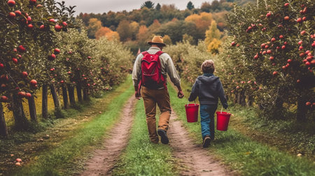 A child harvesting apples on a farm during the autumn season.の素材