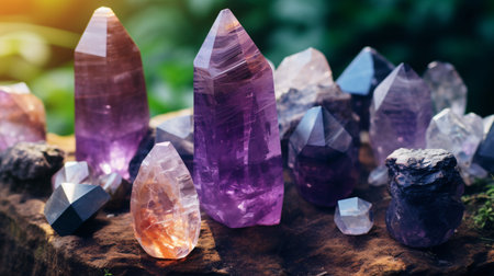 In a forest, impressive mineral formations create a mystical backdrop. Use fluorite quartz gemstones for healing rituals.の素材