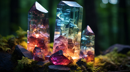 Magnificent mineral formations rise majestically within a lush forest, creating a mystical natural backdrop.の素材