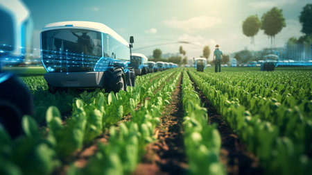 In the realm of digital agriculture, a smart machine tends to a field of vegetables.の素材
