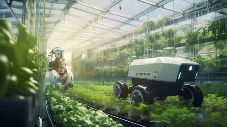 A futuristic robot tends to a smart hydroponics farm, utilizing advanced AI technology.の素材