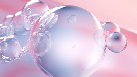 Within a translucent liquid bubble, a molecular entity is depicted against a gentle backgroundの素材