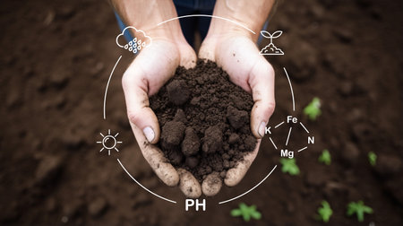 Hands holding soil, seen from above, as part of soil quality control for seed planting.の素材