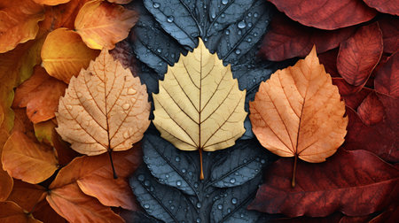 A close look at a multicolored autumn leaves background.の素材