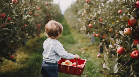 The joyful sight of children gathering fruit in an orchard during autumn.の素材