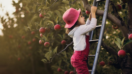 A toddler and baby indulging in fresh fruits amidst the fall harvest.の素材