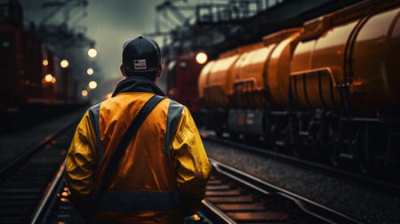 A service worker stands with their back to us, set against the backdrop of an oil transport freight train.の素材