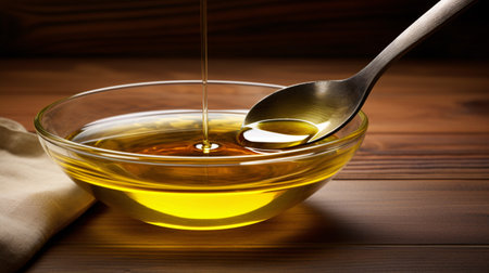 Drizzling olive oil into a bowl set against a rustic wooden backdrop.の素材