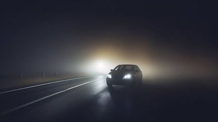 Navigating a car through thick fog, encountering hazardous road conditions during nighttime.の素材