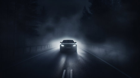A car battles low visibility in the midst of dense nighttime fog.の素材