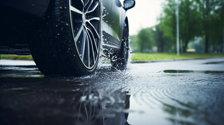 Aquaplaning risk increases with wet tires on a road.の素材